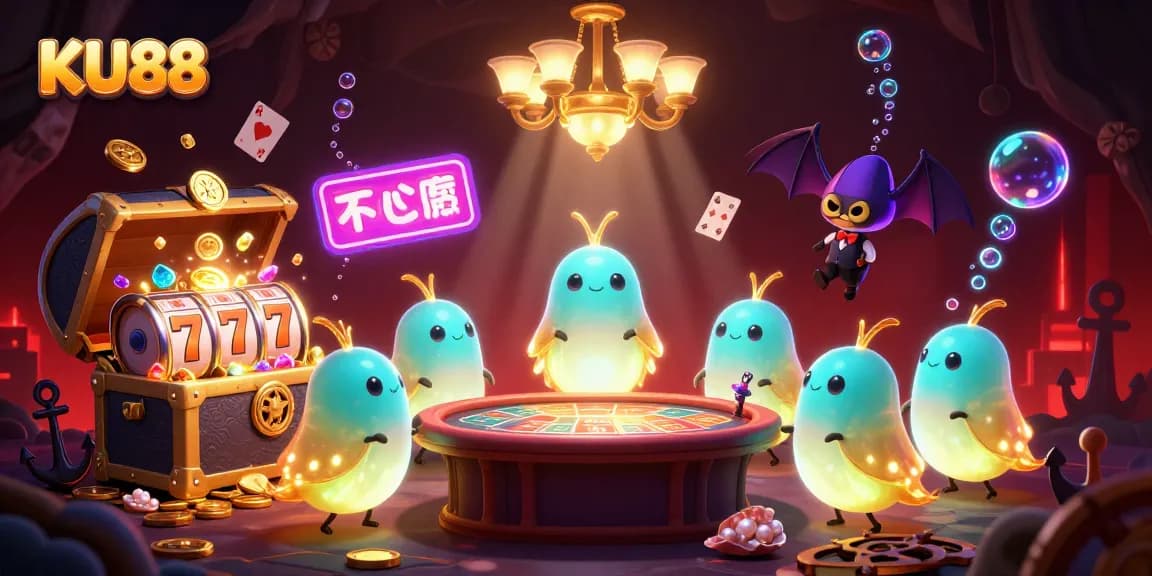 Experience the lively KU88 casino scene with glowing slot reels, illuminated glowworms, and a bat dealer.