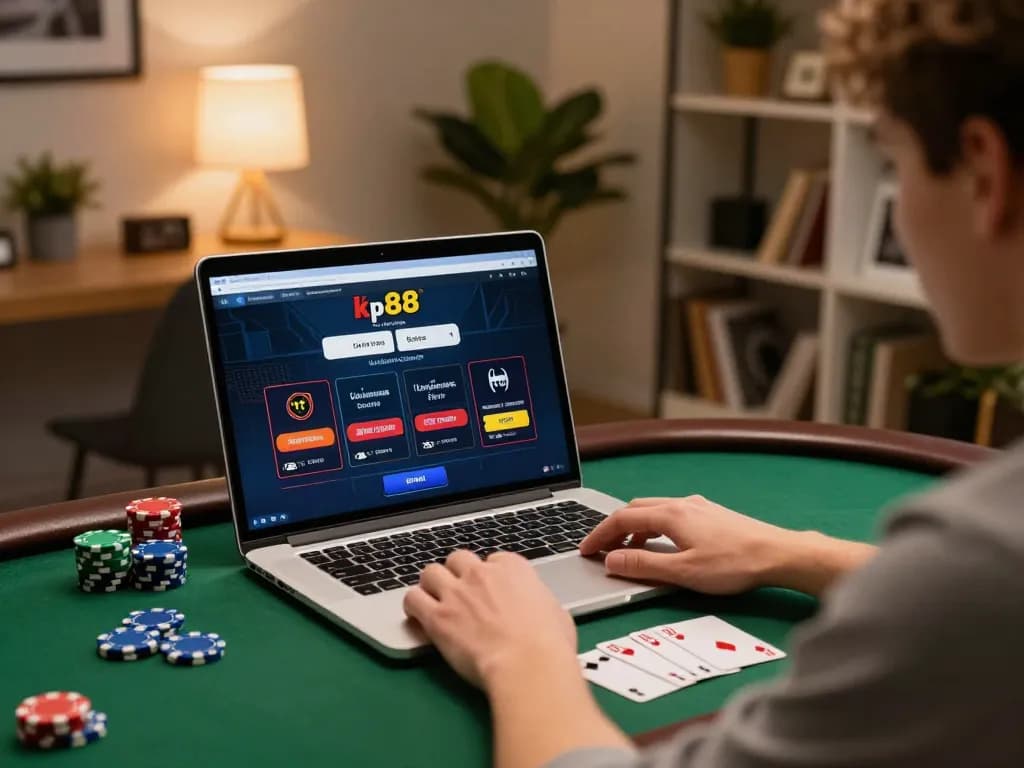 Player engaging in kp88 online casino gaming on a laptop at home with poker chips on table.