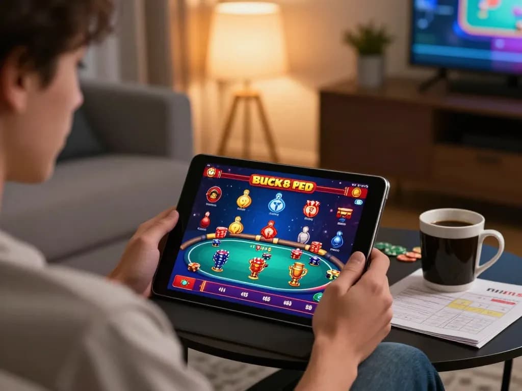 Engaging gameplay on Luck8 casino app showcasing a dynamic poker game on tablet in cozy home setting.