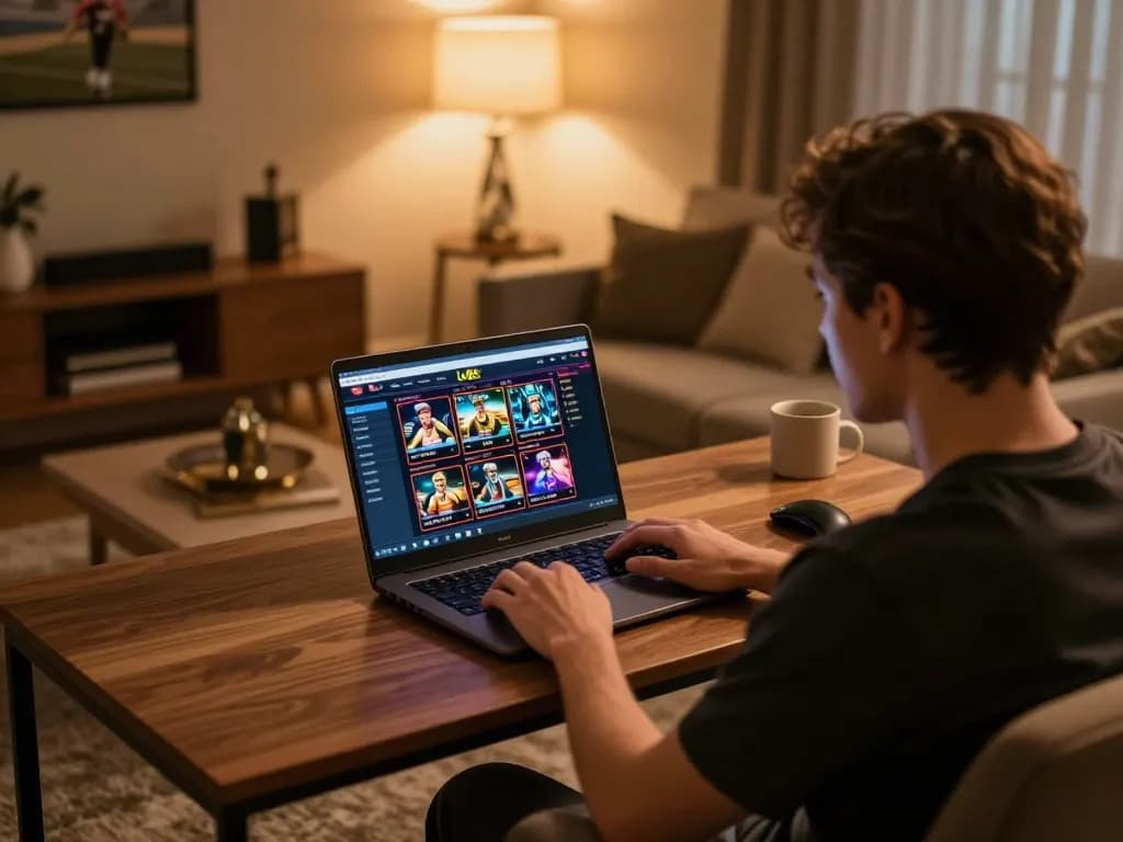 Engaged user playing at lv88 casino online, laptop showing game interface in cozy home setting.