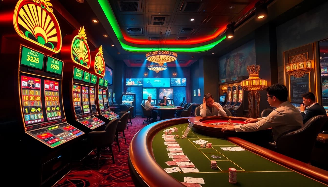 8kbet players engaging in a thrilling casino experience with vibrant slot machines and poker tables.