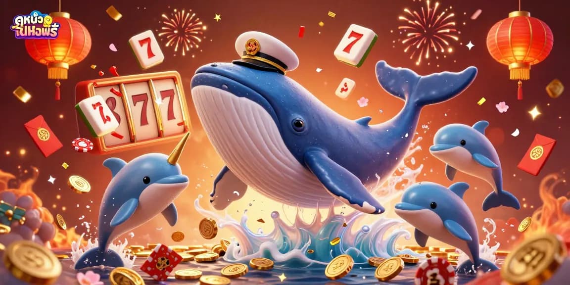 Experience ดูหนังออนไลน์ฟรี entertainment with a vibrant scene of playful dolphins and a grand whale in a dazzling casino setting.