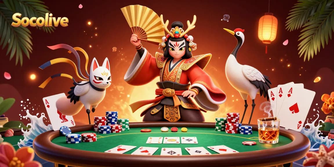 Socolive showcases a vibrant 3D illustration of kabuki characters by a poker table, capturing the excitement of live gaming.