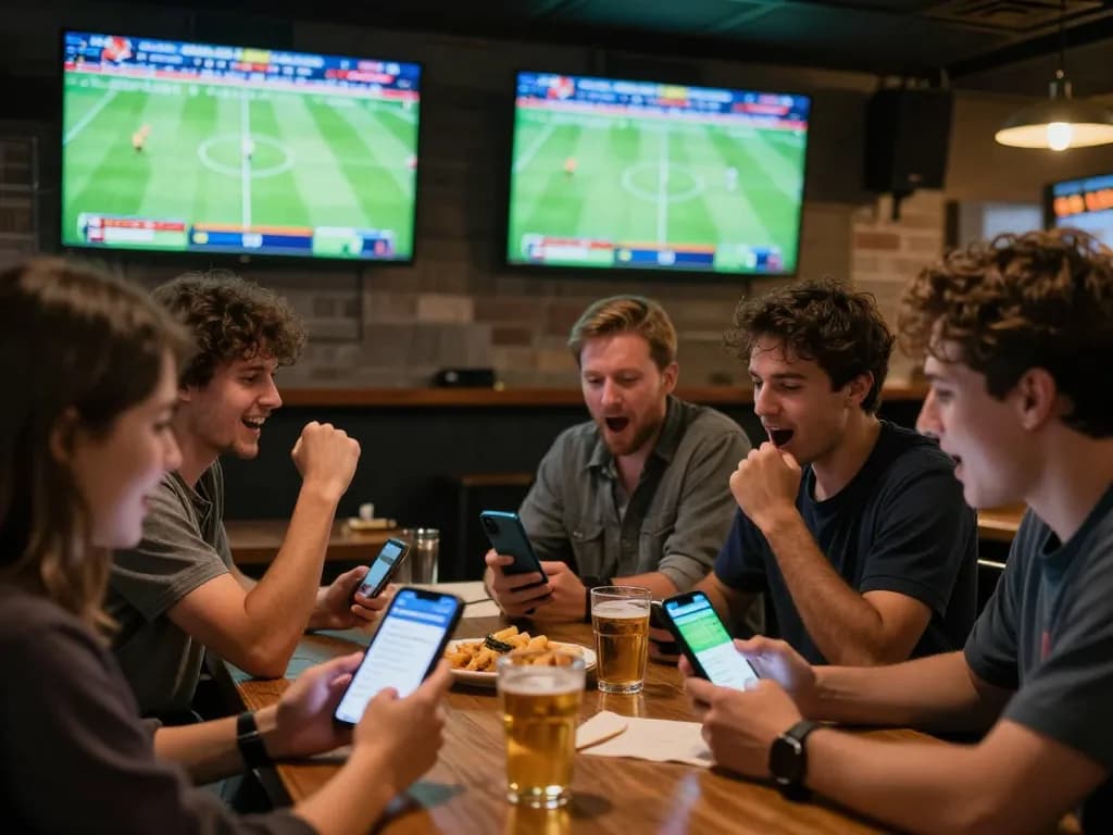 Engaged sports fans using the footballresults app for live betting during an exciting match.