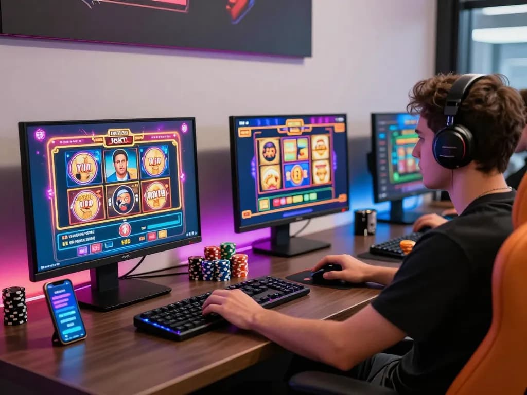 Excited player engaging with diverse games at 32win online casino setup.