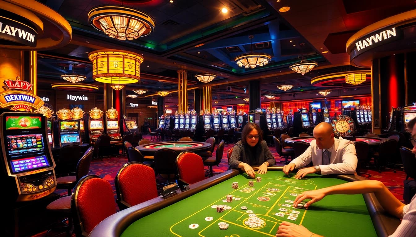 Haywin's vibrant casino scene with players enjoying Poker, illustrating excitement and luxury.