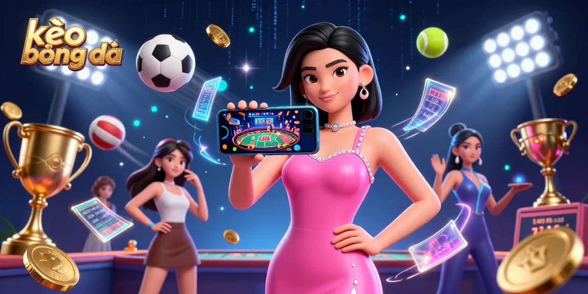 Bet on kèo bóng đá with a stunning Asian woman showcasing live dealer casino games and dynamic sports elements.