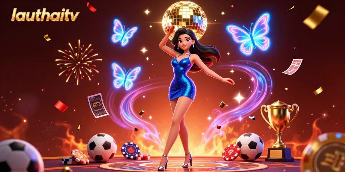 Catch exciting sports betting action with lauthaitv as glamorous characters celebrate with sports balls and trophies.