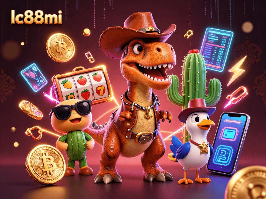 Engage with exciting games at lc88mi featuring a T-Rex and friends in a vibrant casino scene.