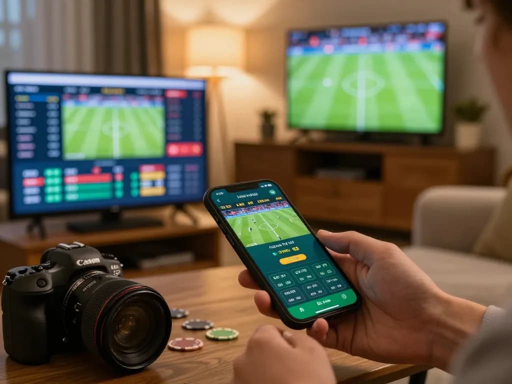 Engaging home scene showcasing a person placing a bet on keo nha cai app with live football odds displayed