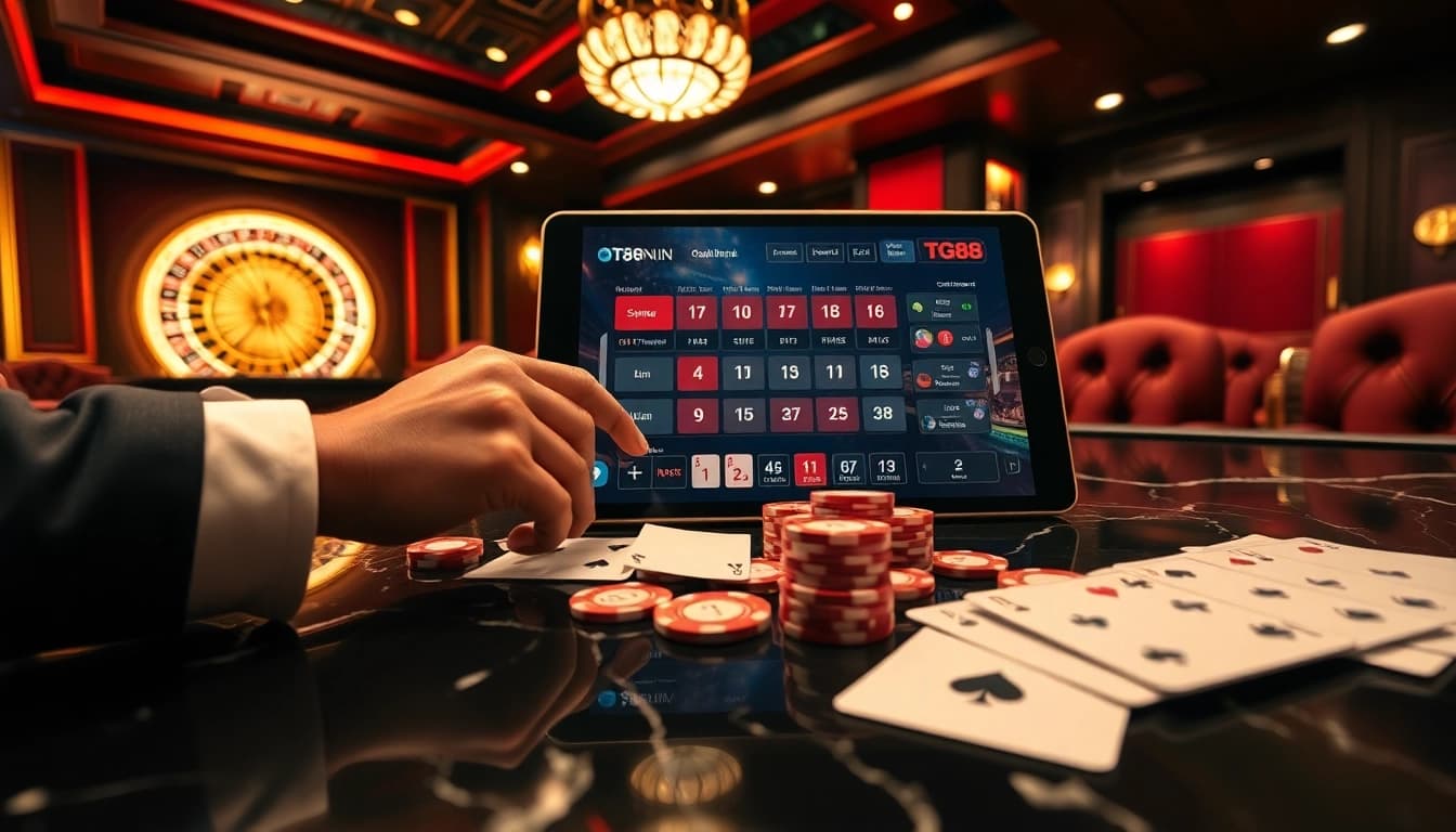 Strategically placing bets on TG88 online casino interface with poker chips and roulette