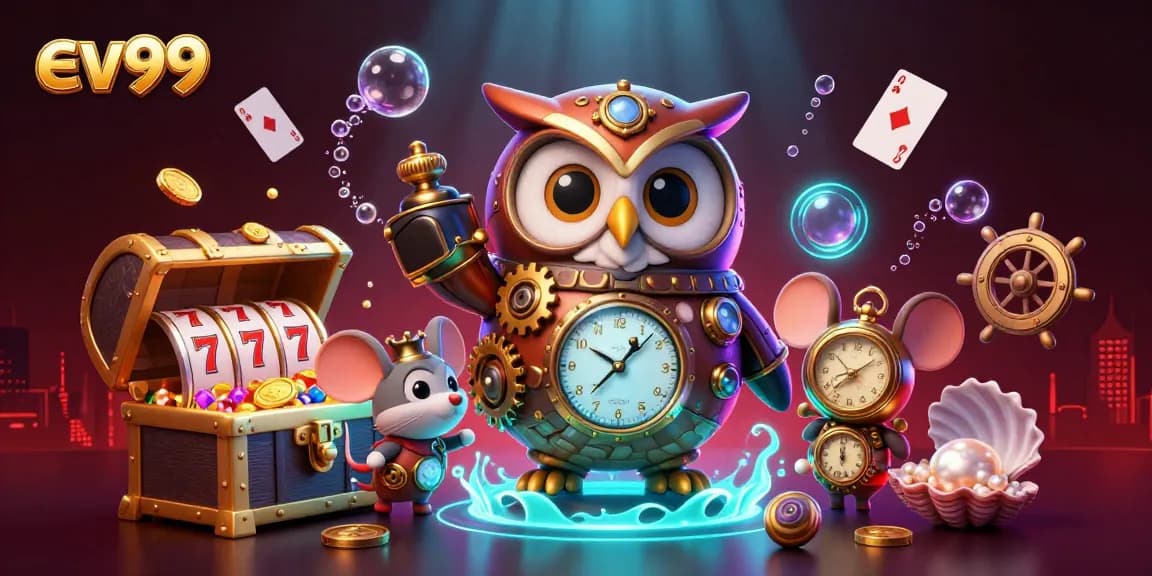 Experience the exciting ev99 casino action with vibrant characters, slot reels, and underwater treasures.