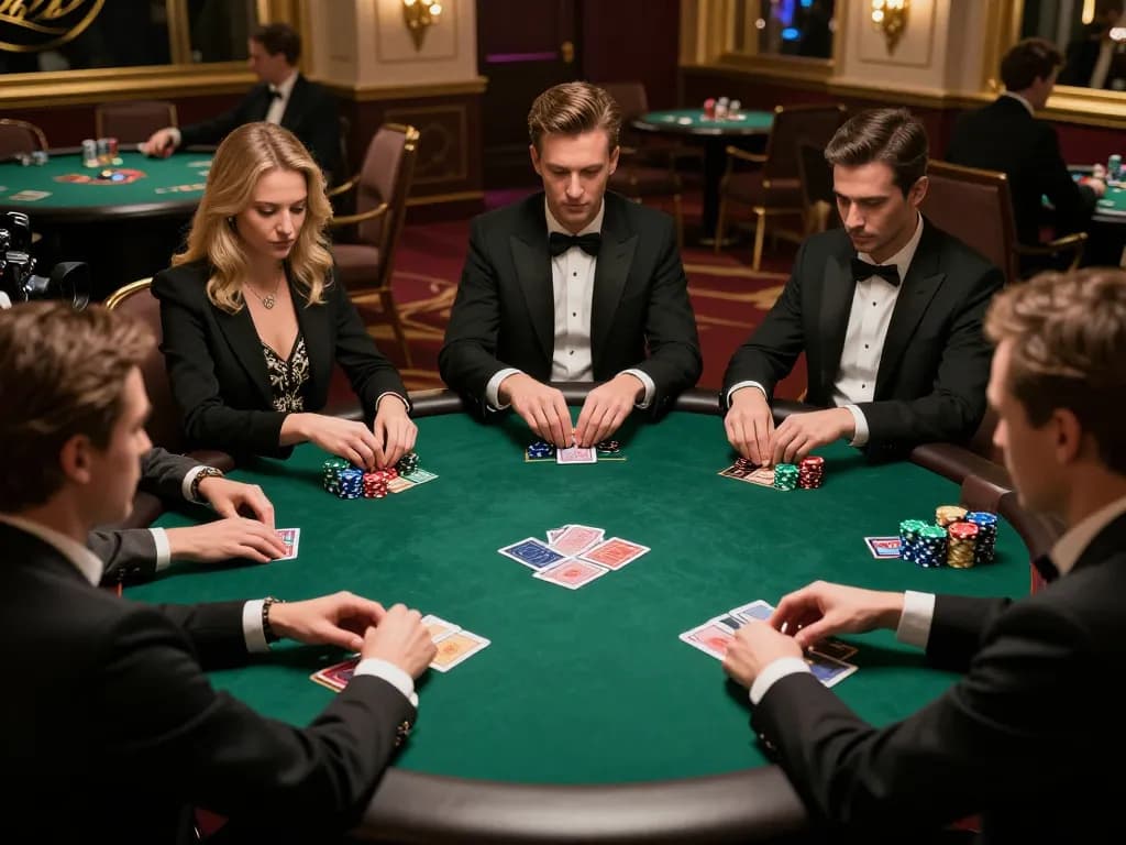 Sin88 poker players compete fiercely, chips stacked high on an elegant felt table.