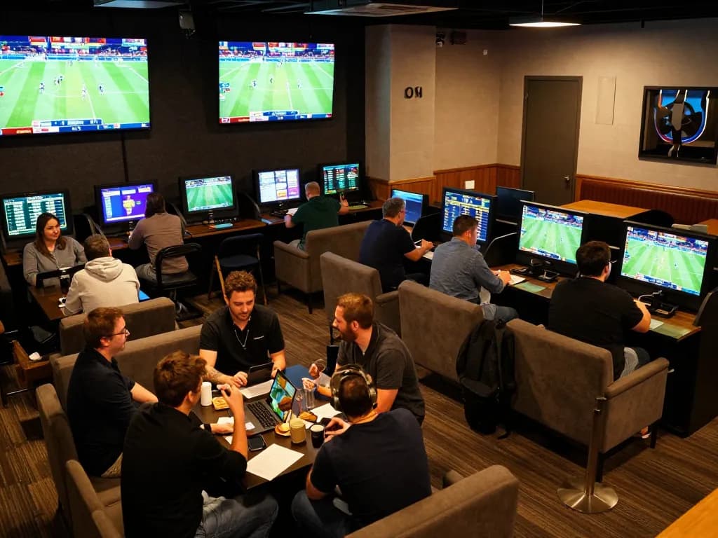 Patrons engaging in sports betting at bongdallu's lively lounge, sharing strategies and insights.
