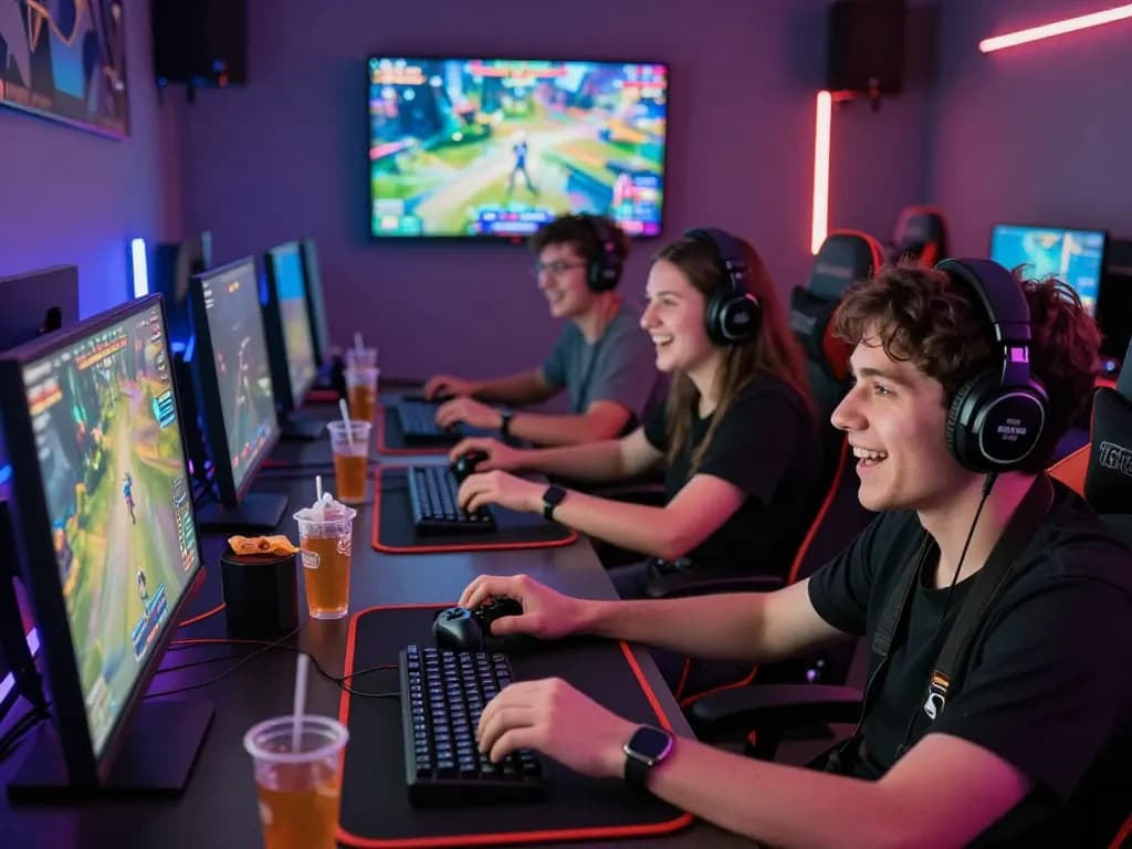Players enjoying an intense gaming session at 789club with vibrant LED lights and snacks.