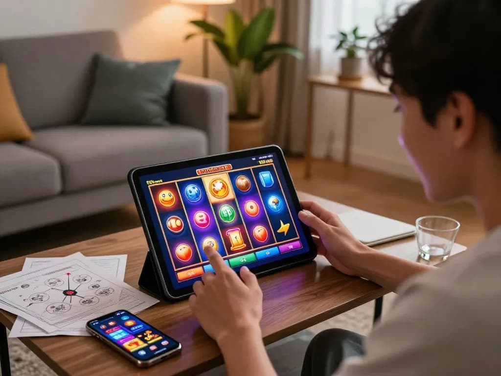 Engaging online slot Malaysia gameplay scene with a user celebrating a win on their tablet.
