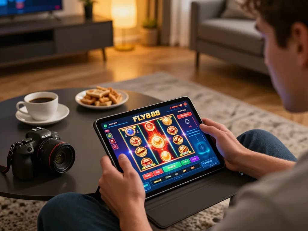 Playing fly88 on a tablet, enjoying the excitement of online slots in a cozy setting