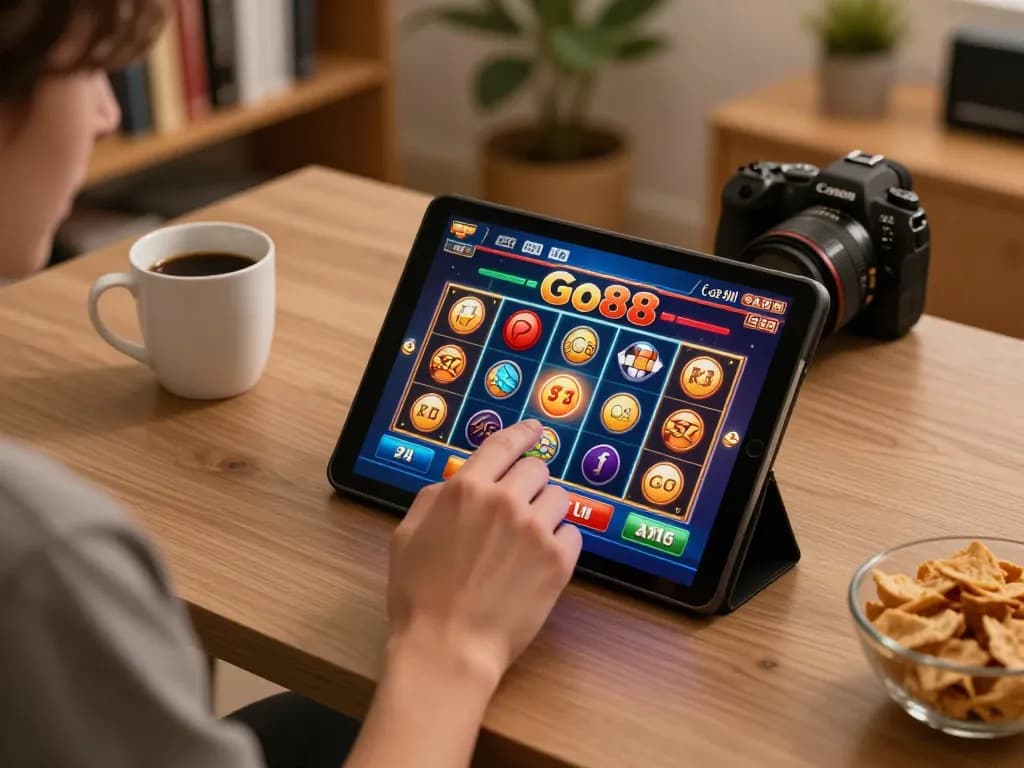 Player engaging with Go88 online slots from a cozy home setting, showcasing an exciting gaming experience.