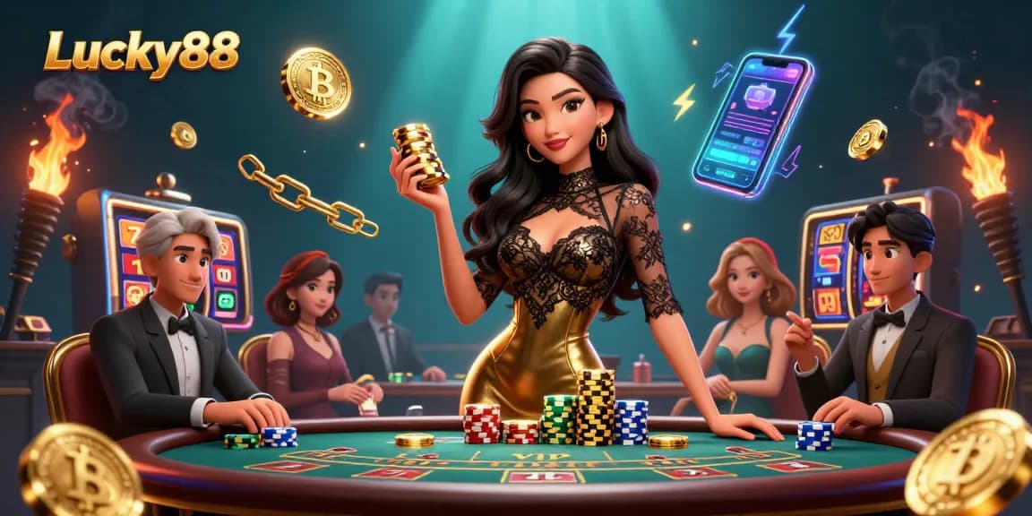 Experience the excitement of Lucky88 slots with glamorous characters in a high-stakes casino scene.