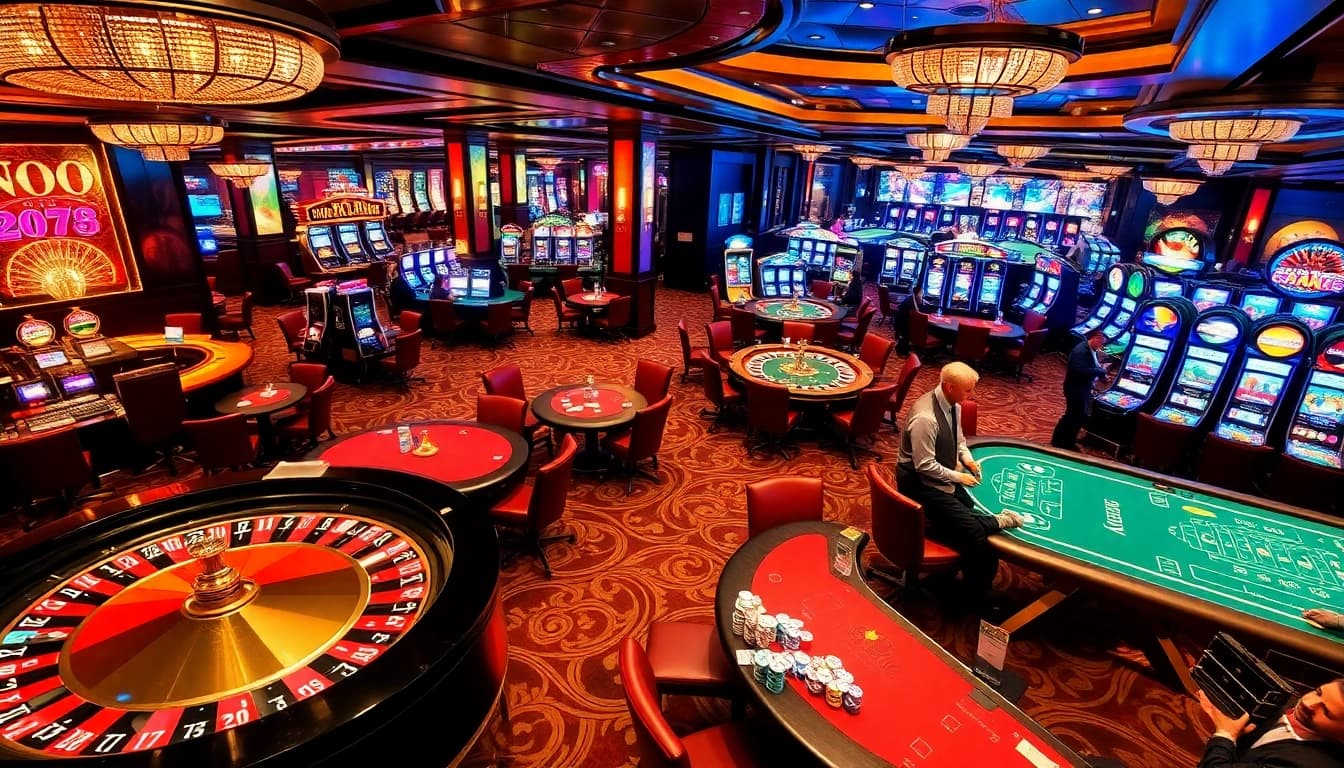 Exciting gaming scene at https://lucky88da.com/ with roulette and poker, showcasing a luxury casino atmosphere.