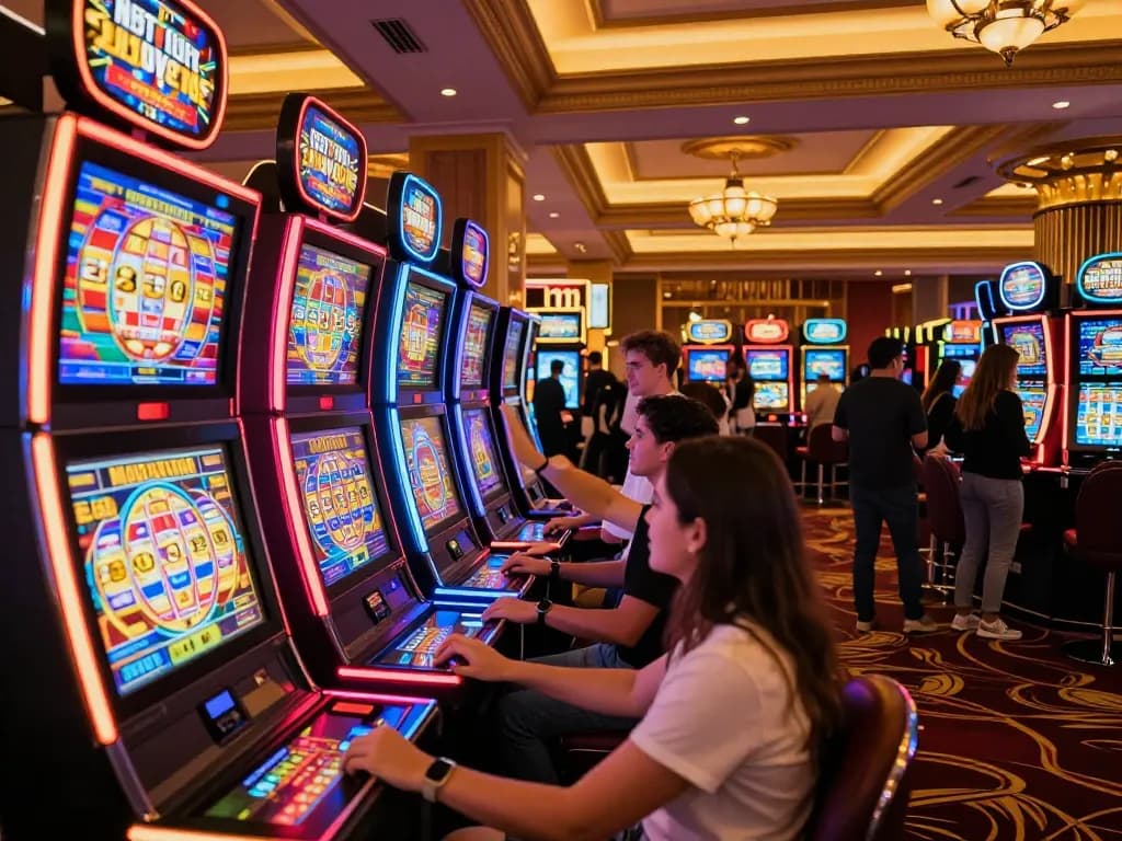 Players enjoying vibrant slot machines at BJ88 casino under neon lights
