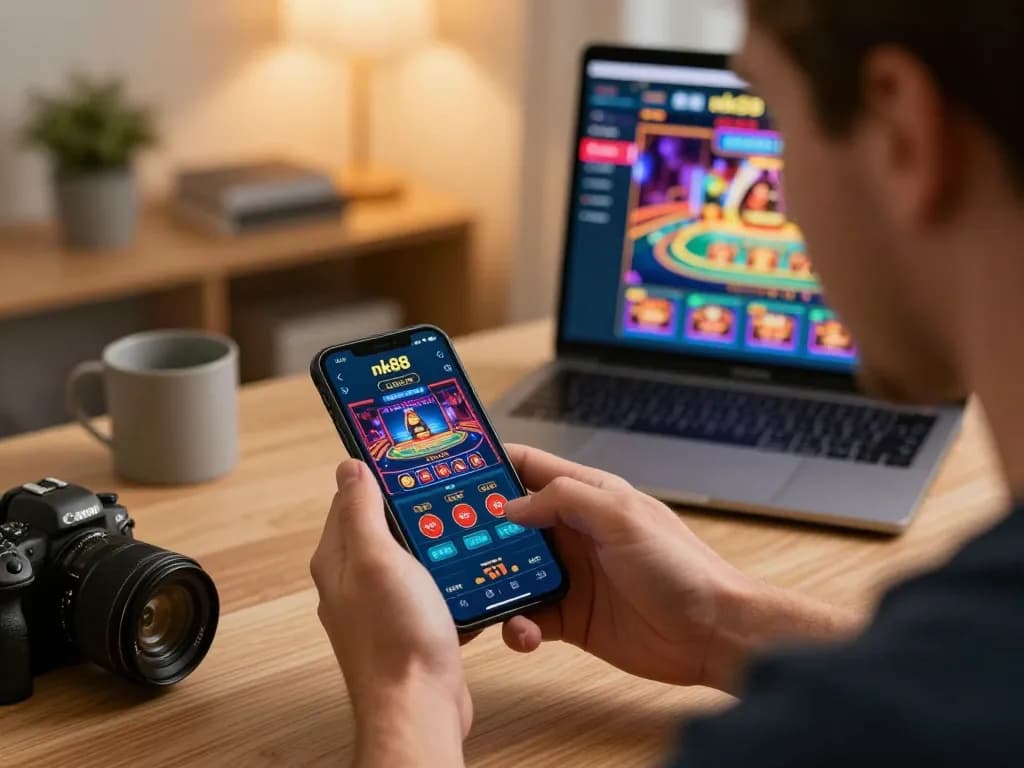 Engaging online gambling moment with nk88 mobile app, showcasing a player in a cozy setting