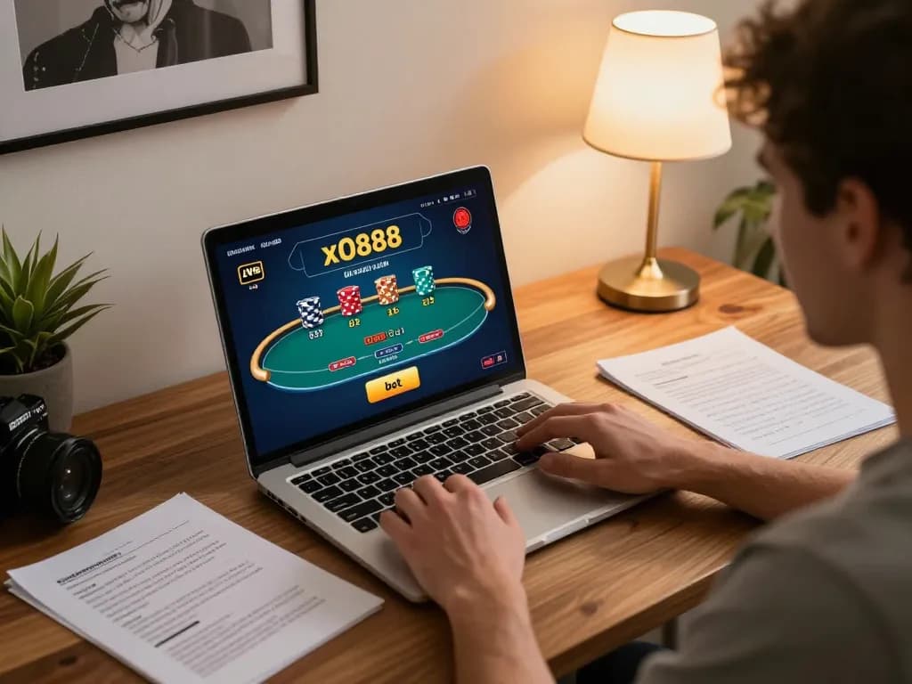 Engaging poker moment featuring xo888 gameplay on a laptop in a stylish home setting.
