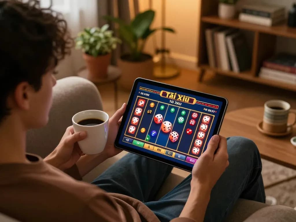 Tai Xỉu Online gameplay shown on a tablet in a cozy home setup, capturing strategic betting moments.