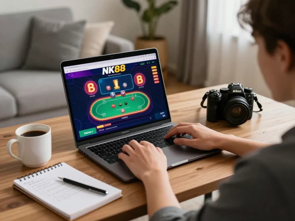 Player engaging in NK88 online casino poker, showcasing strategic gameplay and cozy home setup.