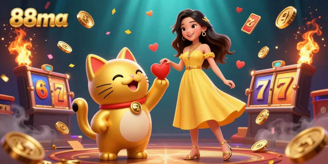 Experience the thrill of winning at 88ma with vibrant slot reels and a cheerful lucky cat.