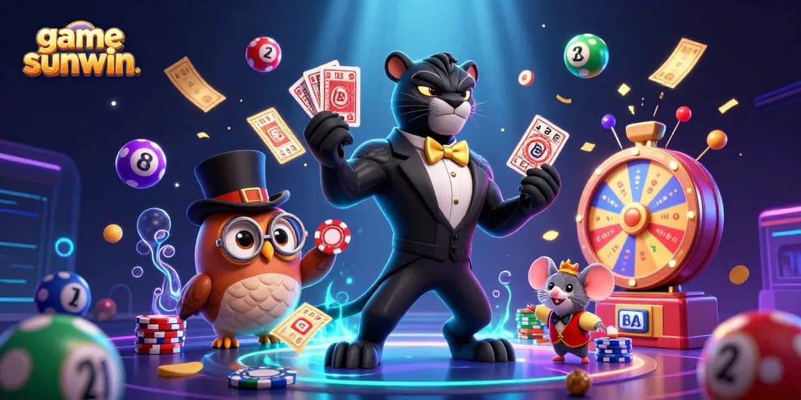 Play game sunwin with a stylish panther, wise owl, and lucky mouse in a vibrant casino scene.