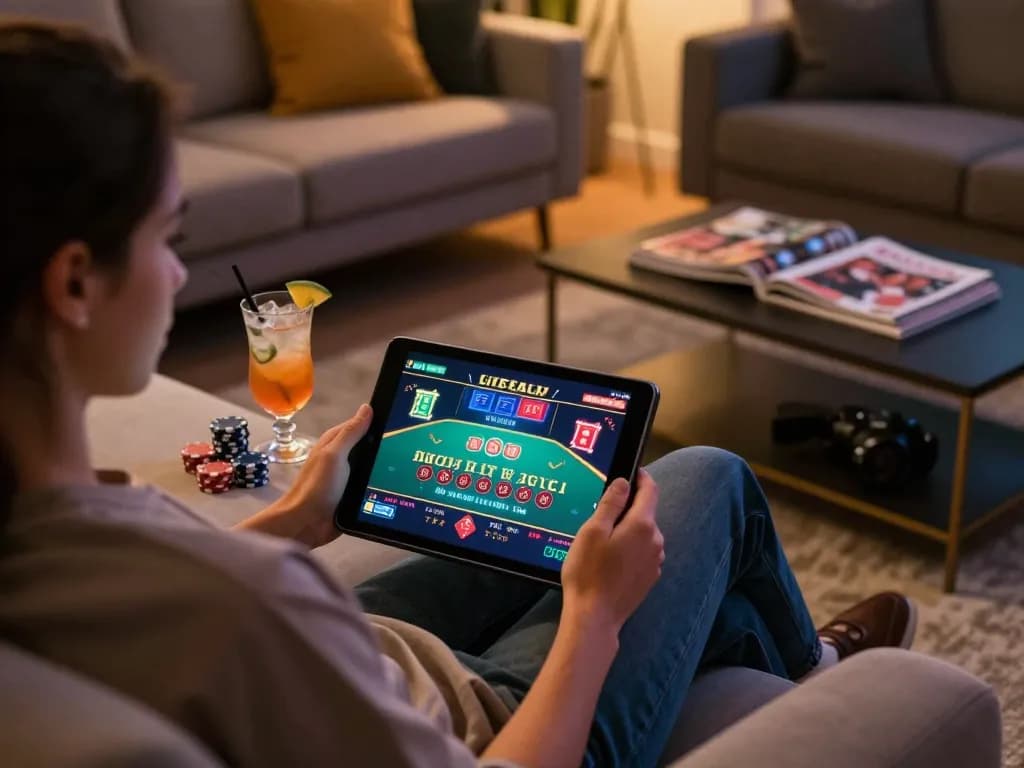 Engaging in live dealer baccarat online gambling with uu88 on a tablet in a cozy home setting.