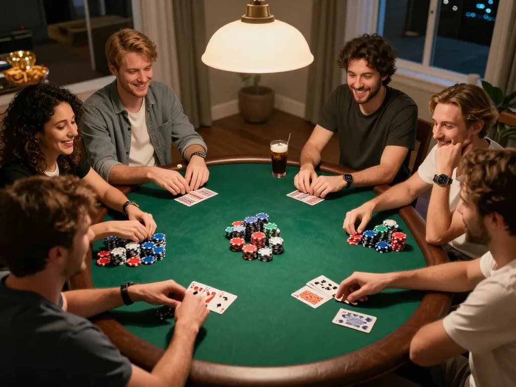 Good88 players celebrate during a lively poker night, showcasing camaraderie and strategic gameplay.
