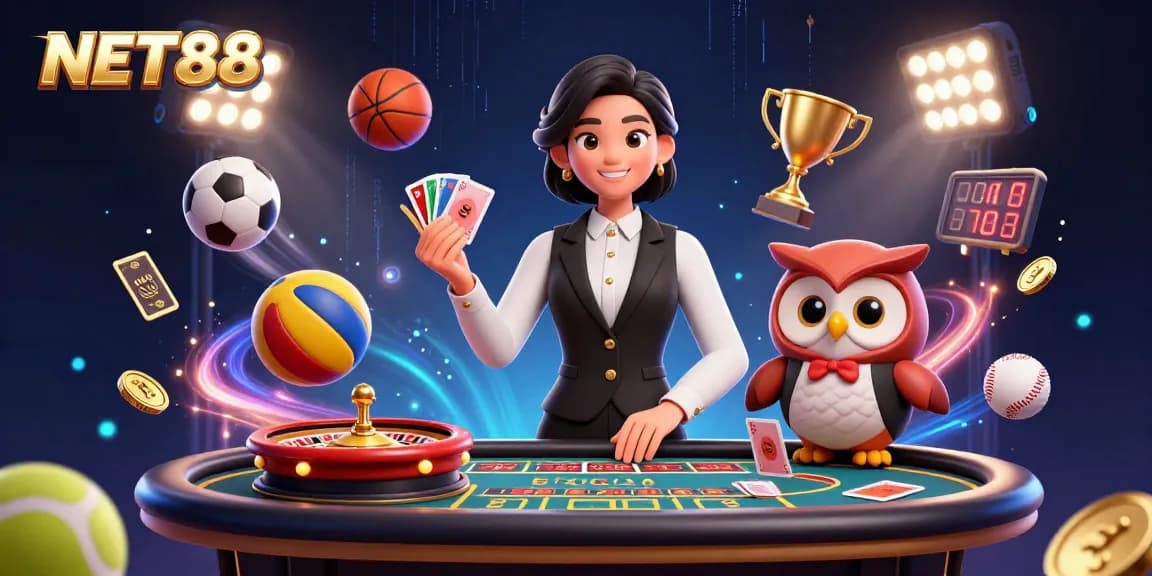 NET88 showcases a thrilling baccarat scene with an elegant dealer and energetic sports elements.