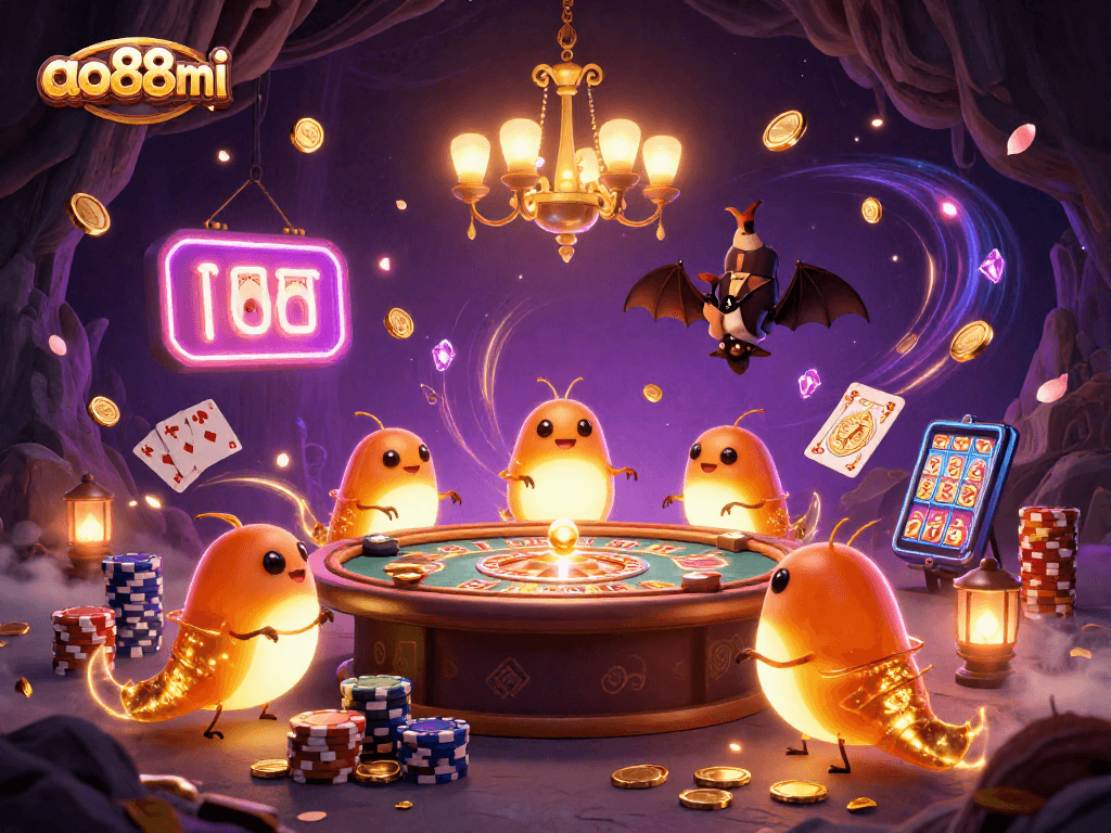 ao88mi casino glowworms illuminate a vibrant 3D cave scene with luck and winning potential