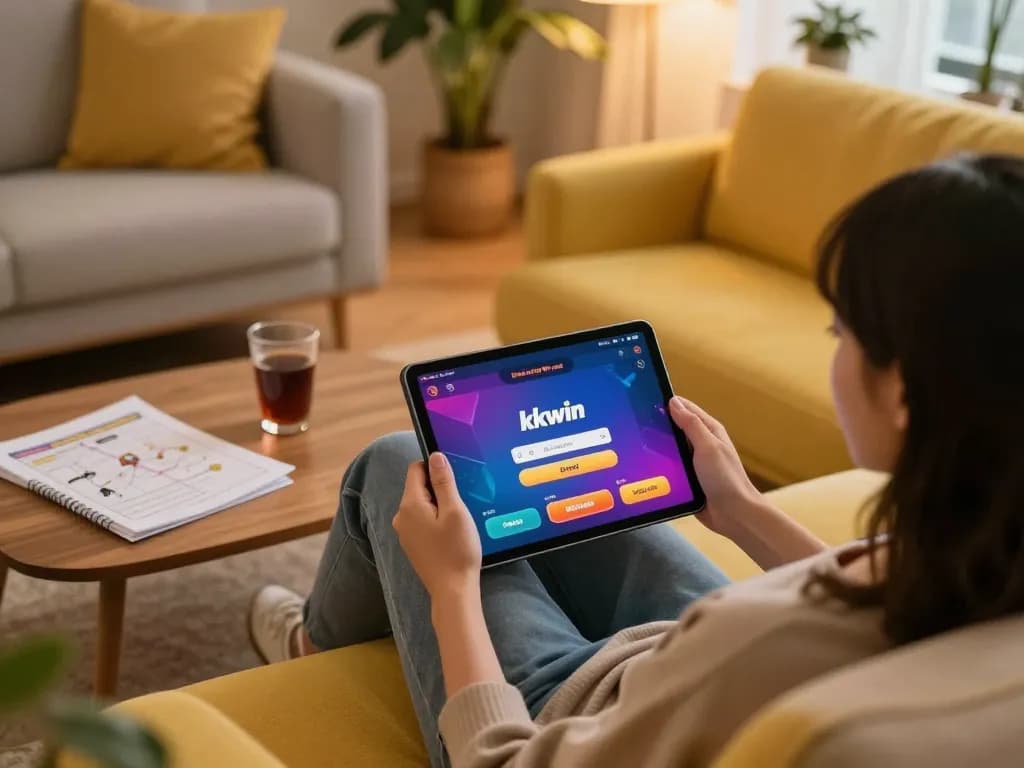 Person engaged in kkwin đăng nhập on tablet with betting strategies in cozy home setting.