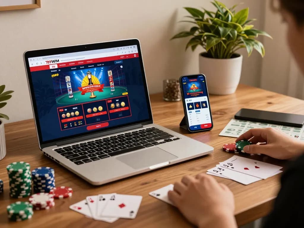 Engage with 789WIM at a stylish online gaming setup featuring a laptop and strategy notes