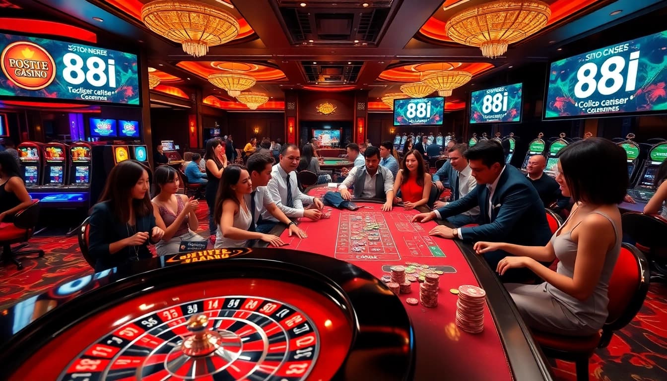 Players enjoying their time at the 88I casino with poker chips, slot machines, and vibrant lights.