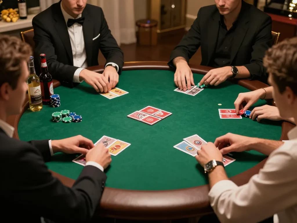 KJC players engaged in an intense poker game at a stylish home table.