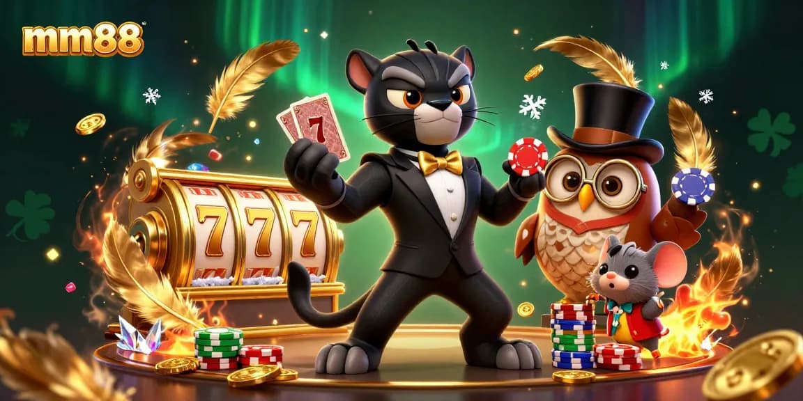 Engaging mm88 online casino scene with a panther, owl, and mouse amidst vibrant gaming elements.