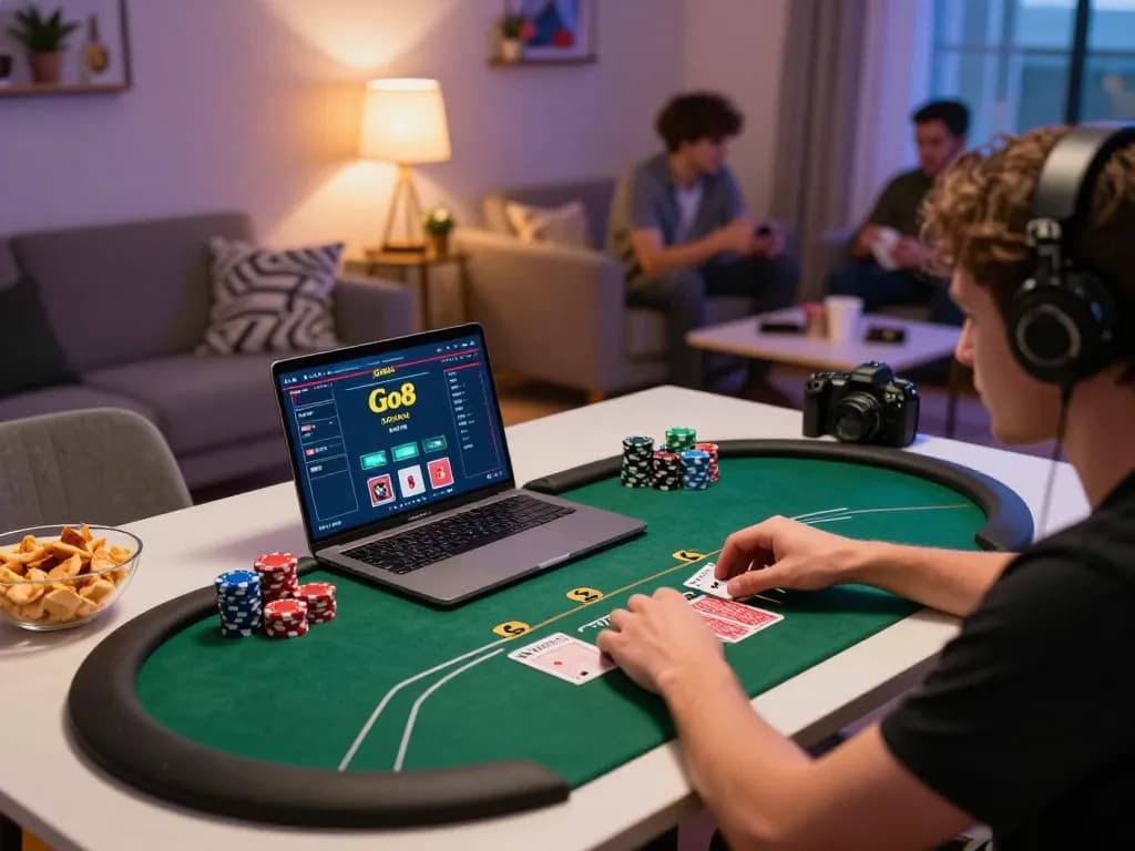 Engaged player enjoying poker on the Go8 platform in a cozy home setting with friends.