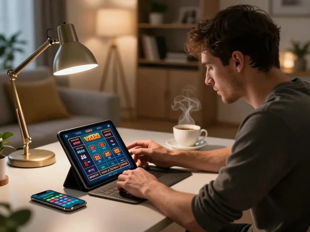 Gambling enthusiast using tablet for va88 casino games in a cozy home setup, enjoying strategic gameplay.