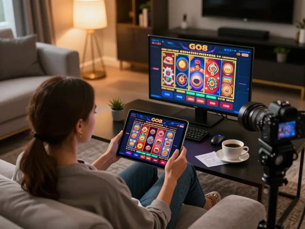Player enjoying strategic gameplay on the GO8 casino app in a cozy home setting.