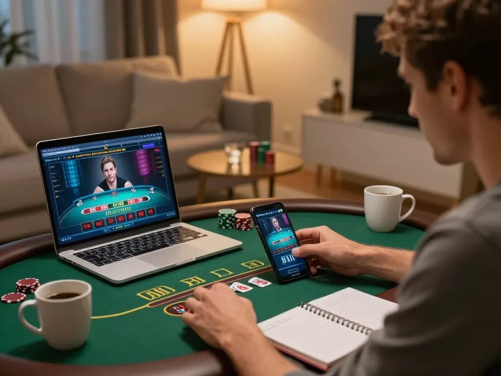 Player engaging with live casino games at home, focusing on strategy in a cozy environment for nhacaiuytinn