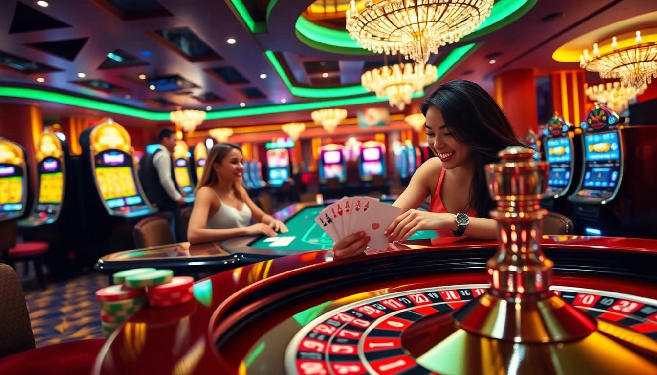 Tải hitclub with a vibrant casino scene featuring players at roulette and engaging online interfaces.