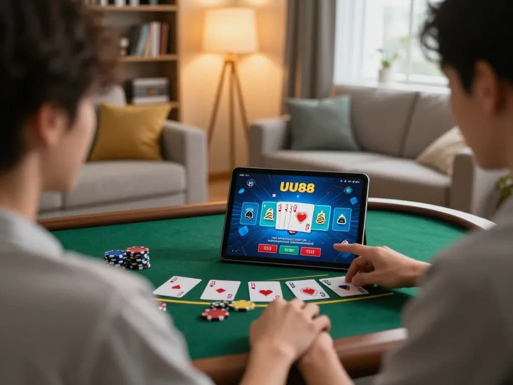 UU88 user playing blackjack on tablet in a warm home setting, showcasing engaging online gaming experience.