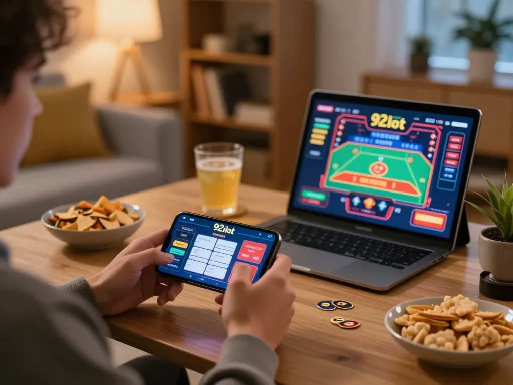 Engaging with the 92slot app while enjoying a cozy gaming setup at home.