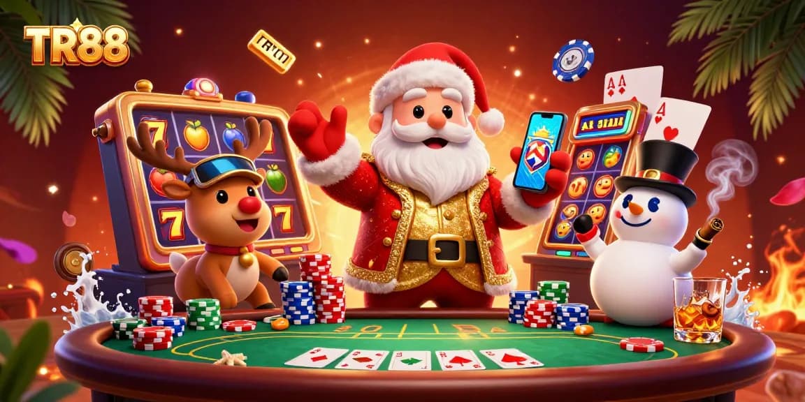 Spin to win at TR88 with a charismatic Santa and friends in a vibrant casino scene!