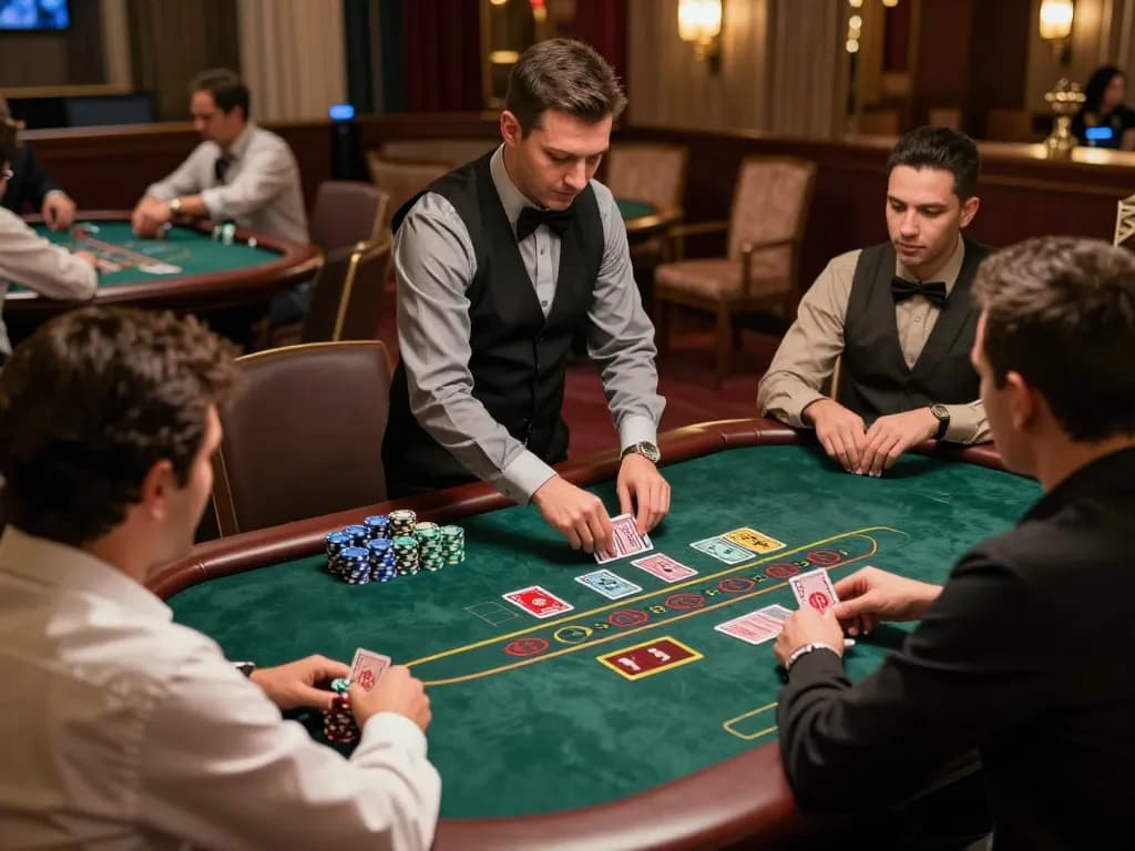 Luck8 players strategizing bets during an exciting game of blackjack at a luxurious casino table