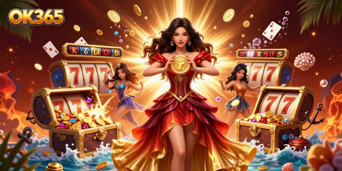 Experience excitement at OK365 with a vibrant scene of a glamorous Asian woman triumphantly presenting a golden coin amidst a shower of coins and game elements.